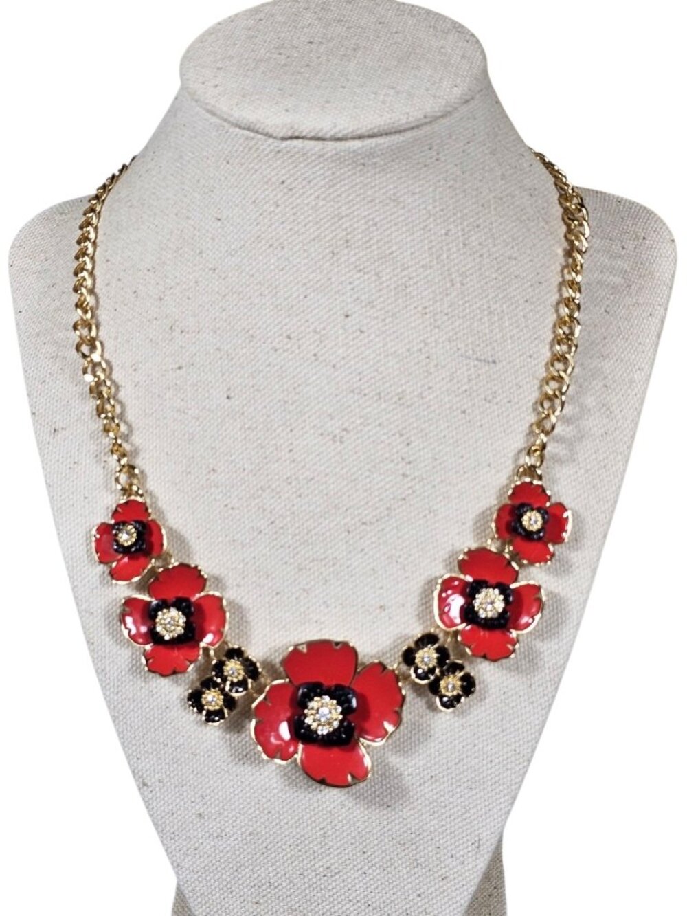 Dana Buchman Red Black Enamel Flower Rinestone Necklace Gold Tone Art Deco
